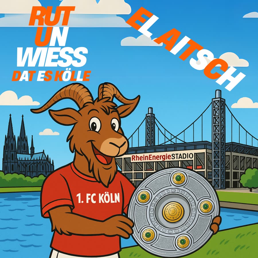 Cover: eine gezeichnete Geiß im Trikot des 1. FC Köln hält die Meisterschale, dahinter der Rhein, der Kölner Dom und das RheinEnergieStadion.